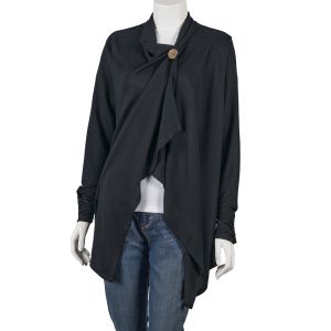 One Button Long Sleeve Cardigan with Ruched Sleeve - Black - S-M