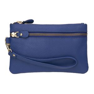 2 Pocket Leather Zippered Clutch - Royal Blue