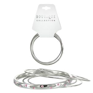 5 Piece Rhinestone Bangle Bracelets - Pink & Silver