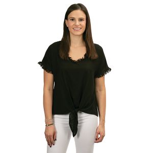 Linen Blend Frayed V-Neck With Front Tie-able Knot - Black
