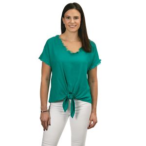 Linen Blend Frayed V-Neck With Front Tie-able Knot - Emerald Green