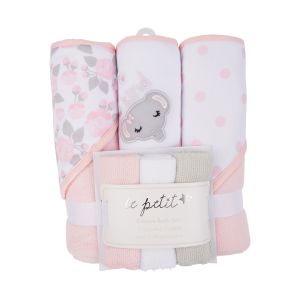 6-Piece Hooded Towel and Washcloth Set - Pink Elephant