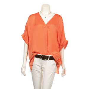 V-Neck High-Low Top With Silk Feel - Coral