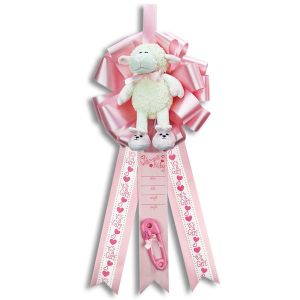 Baby Birth Announcement Ribbon with Plush Lamb - It's a Girl