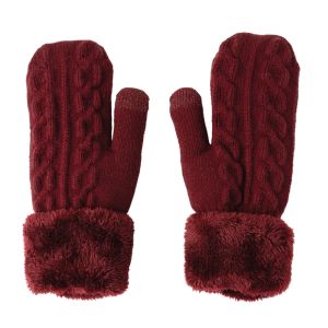 Plush Cable Knit Mittens - Wine