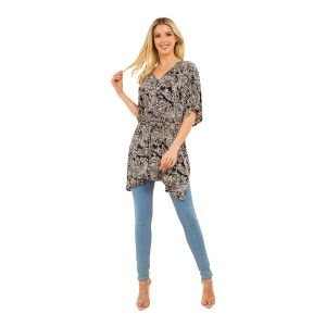 Pullover Paisley Top with Front Tie - Black and Beige