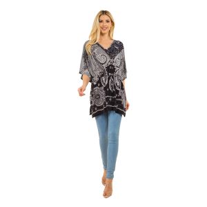 Pullover Paisley Top with Front Tie - Black and Gray