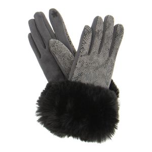 Faux Suede Snakeskin Gloves with Faux Fur Cuff