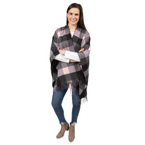 Cozy Flannel Open-Front Poncho - Pink and Black Check