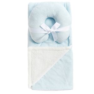 Mink and Sherpa Baby Blanket and Neck Pillow Set - Blue