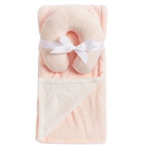 Mink and Sherpa Baby Blanket and Neck Pillow Set - Pink