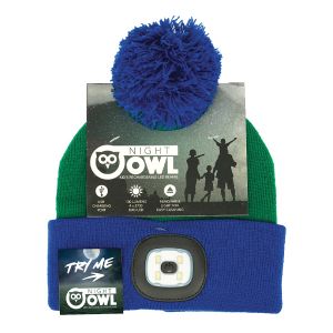 Kids Night Owl Rechargeable LED Beanie - Green and Blue