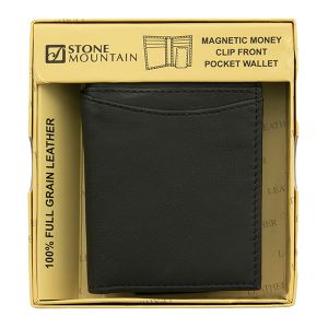 Genuine Leather Magnetic Money Clip Front Pocket Wallet - Black
