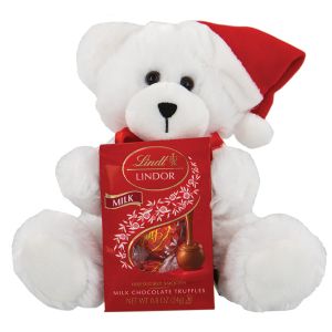 White Plush Santa Bear with Lindt Lindor Chocolate Truffles Bag