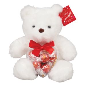 White Plush Bear with Heart Ornament Filled with Lindt Lindor Chocolate Truffles