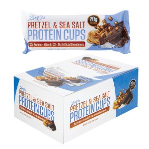 Dark Chocolate and Peanut Butter Protein Cups with Pretzel Pieces and Sea Salt