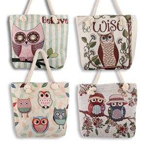 Owl Woven Cloth Tote with Rope Handles