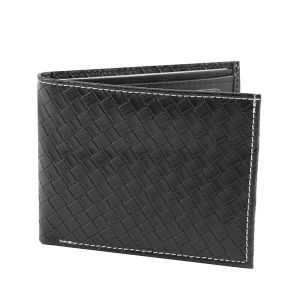 Bi-Fold Vegan Leather Basket Weave Wallet - Black