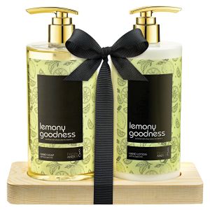 Lemony Goodness Hand Soap & Hand Lotion Set on Wood Base