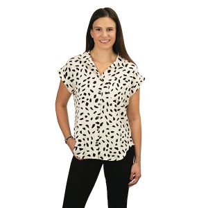 V-Neck Dalmation Print Button Front Top With Pocket Detail - Off White Mix