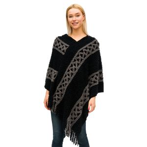 Comfy Two-Tone Poncho - Black and Ivory