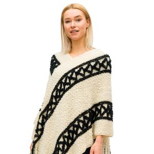 Comfy Two-Tone Poncho - Ivory and Black