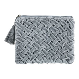 Velvet Woven Pattern Zip Clutch With Tassel - Gray