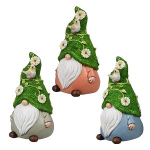 Gnome Figurines with Floral and Bird Accents