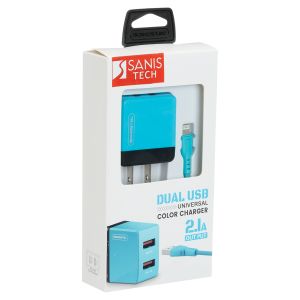 Dual USB Color Charger with Apple Lightning Cable - Turquoise