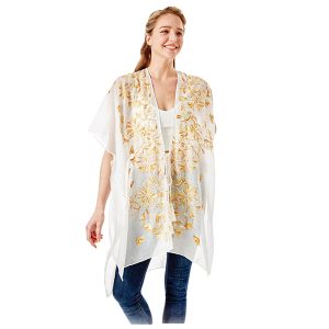 Floral Embroidered Kimono With Tie Front - Mustard