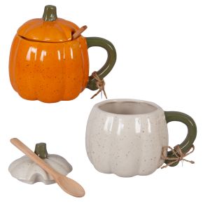 Ceramic Pumpkin Soup Mug with Lid and Wood Spoon