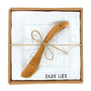 White Ceramic Serving Plate with Spreader - Enjoy Life
