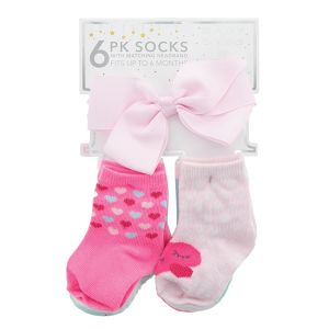6-Pack Sock With Matching Headband Set - Pink Hearts