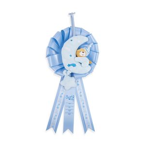 Baby Birth Announcement Ribbon with Plush Musical Bear on Moon - It's a Boy