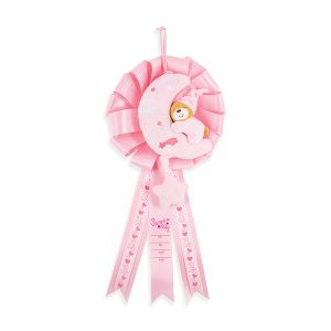 Baby Birth Announcement Ribbon with Plush Musical Bear on Moon - It's a Girl