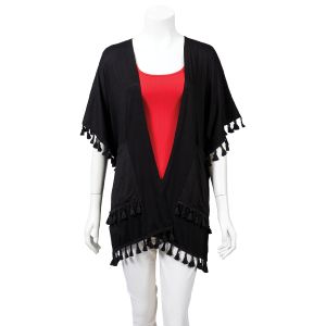 Knit Kimono with Pockets and Tassel Trim - Black