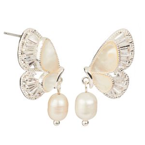 Fancy CZ Pearl Mother of Pearl Bufferfly Earrings - Silver