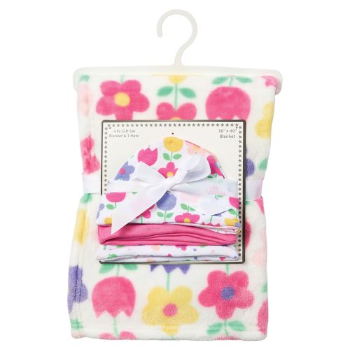 Baby Blanket Set with 3 Hats - Bright Floral