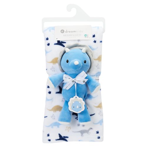 Flannel Baby Blanket & Plush Toy - Blue Dino