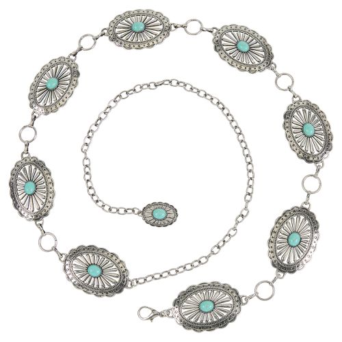 Turquoise Oval Concho Chain Belt - Western Silver-Tone Women's Accessory