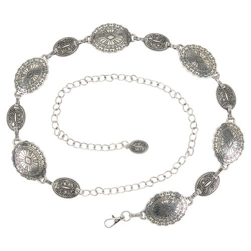 Engraved Concho Belt - Western Oval & Round Design with Silver-Tone Finish