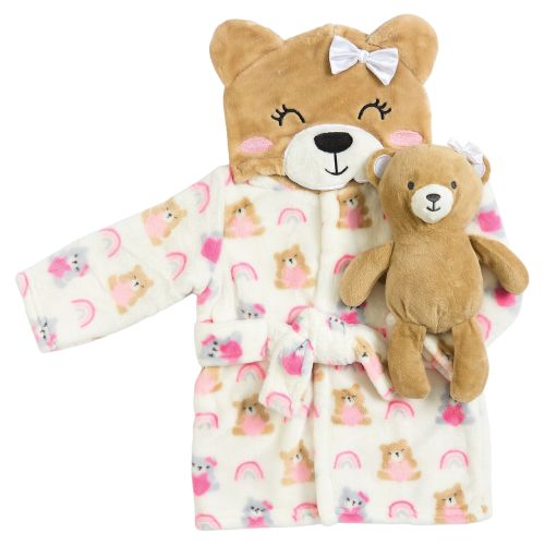 Flannel Baby Robe with 3D Hood & Toy - Bear