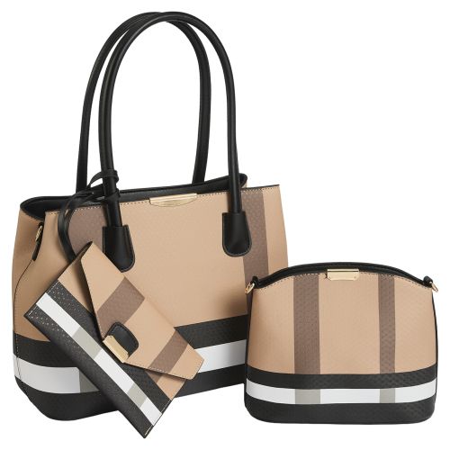 3-Piece Plaid Vegan Leather Purse Set - Brown