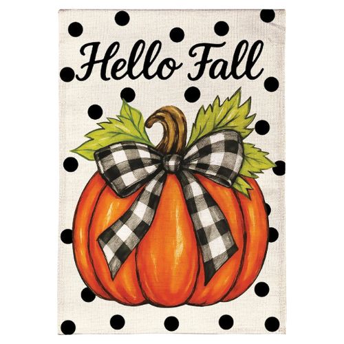 Hello Fall Checked Bow Pumpkin Burlap Garden Flag
