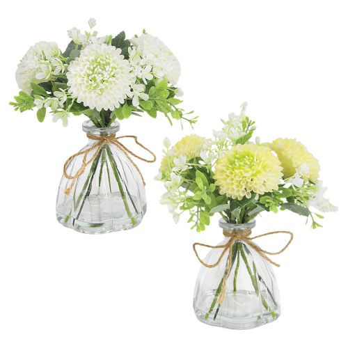 Artificial Chrysanthemum Arrangement in Glass Vase - Yellow and White