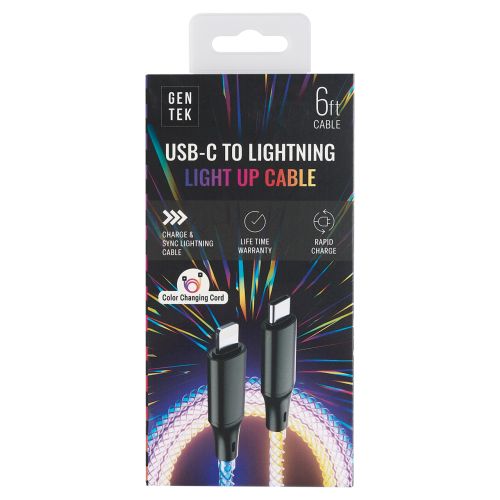 Gen Tek Light Up Color Changing Cable - USB-C to Lightning