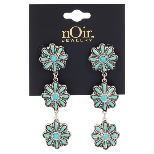 Women's Turquoise Flower Drop Earrings - Metal Triple Dangle Design