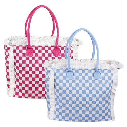 Tote with Checkerboard Design & Fringe Trim