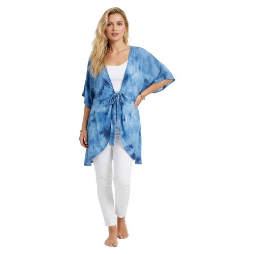 Short Sleeve Tie Front Kimono - Deep Blue Tie-Dye