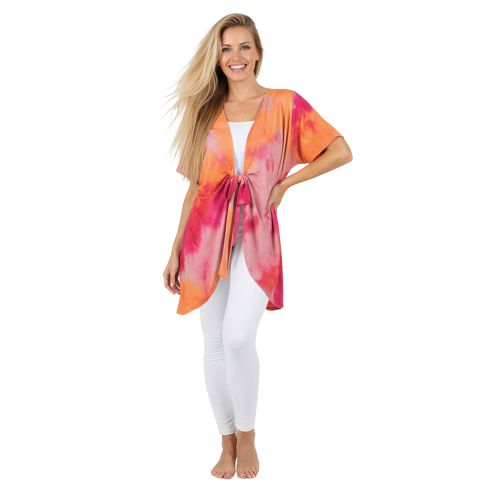 Short Sleeve Tie Front Kimono - Sunset Tie-Dye Hues